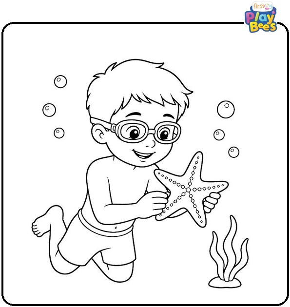 Boy with Starfish Underwater Coloring Page Boy with Starfish Underwater Coloring Page