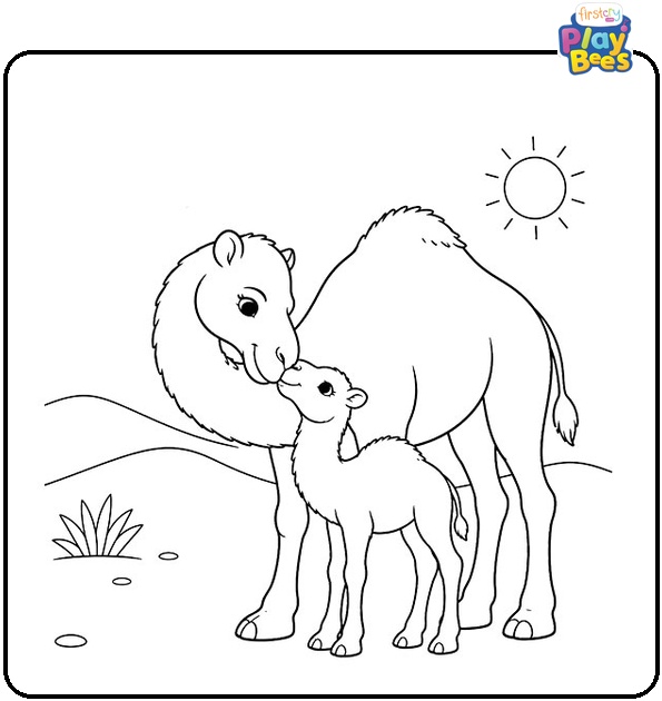 Camel Mother and Calf Nuzzling Coloring Page