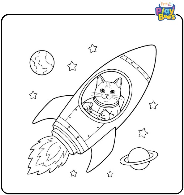 Cat Flying in a Rocket Coloring Page Cat Flying in a Rocket Coloring Page