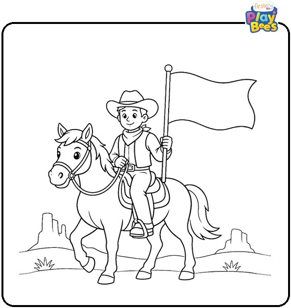 Cowboy Riding a Horse with a Flag Coloring Page Cowboy Riding a Horse with a Flag Coloring Page
