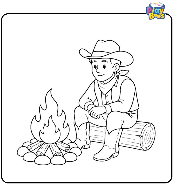 Cowboy Sitting by a Campfire Coloring Page Cowboy Sitting by a Campfire Coloring Page