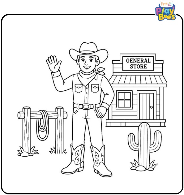 Cowboy Waving in a Western Town Coloring Page Cowboy Waving in a Western Town Coloring Page