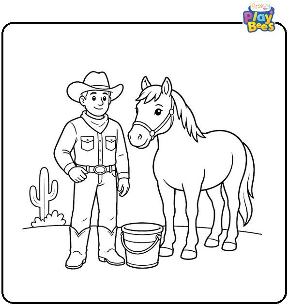 Cowboy and Horse with a Bucket Coloring Page Cowboy and Horse with a Bucket Coloring Page