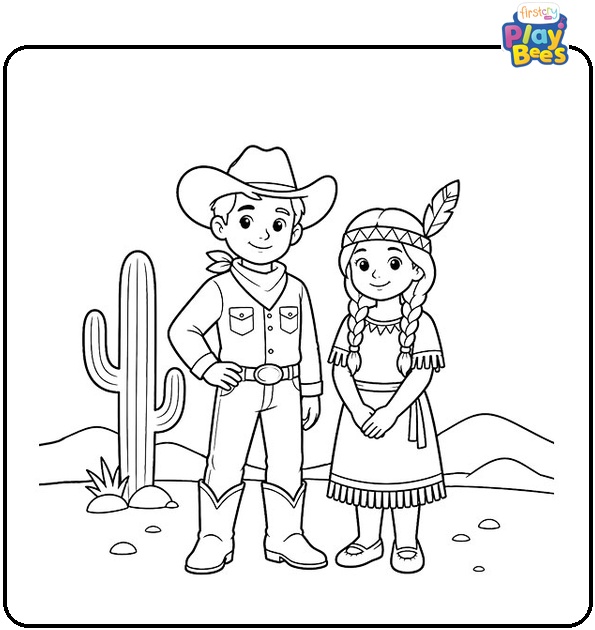 Cowboy and Native American Girl in the Desert Coloring Page Cowboy and Native American Girl in the Desert Coloring Page