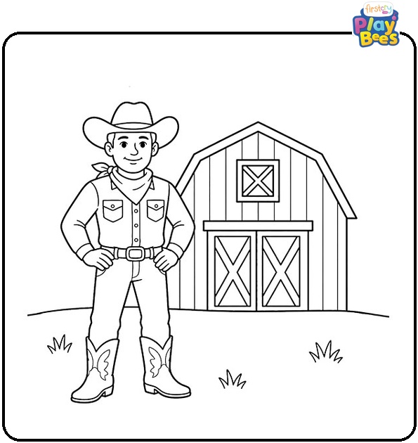 Cowboy with a Barn Coloring Page Cowboy with a Barn Coloring Page