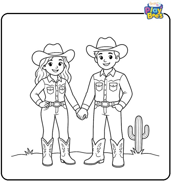 Cowgirl and Cowboy Holding Hands Coloring Page Cowgirl and Cowboy Holding Hands Coloring Page
