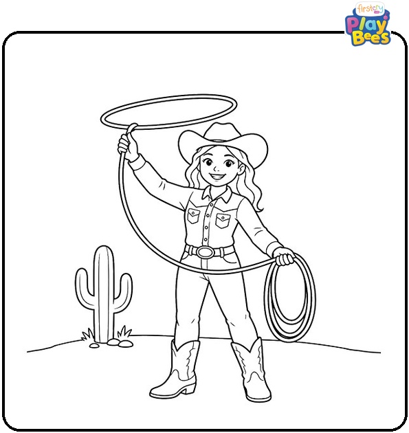 Cowgirl with a Lasso Coloring Page Cowgirl with a Lasso Coloring Page