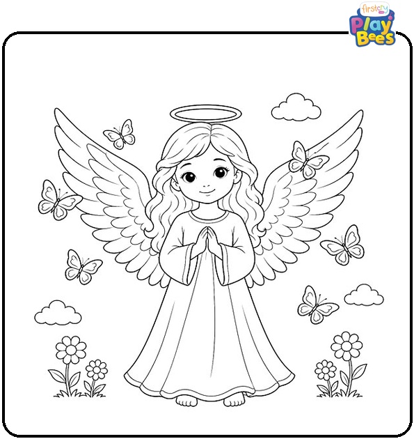 Cute Angel with Butterflies Around Its Wings Coloring Page Cute Angel with Butterflies Around Its Wings Coloring Page