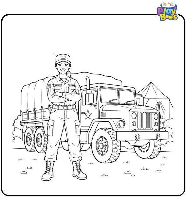 Female Soldier Standing with Military Truck Coloring Page Female Soldier Standing with Military Truck Coloring Page