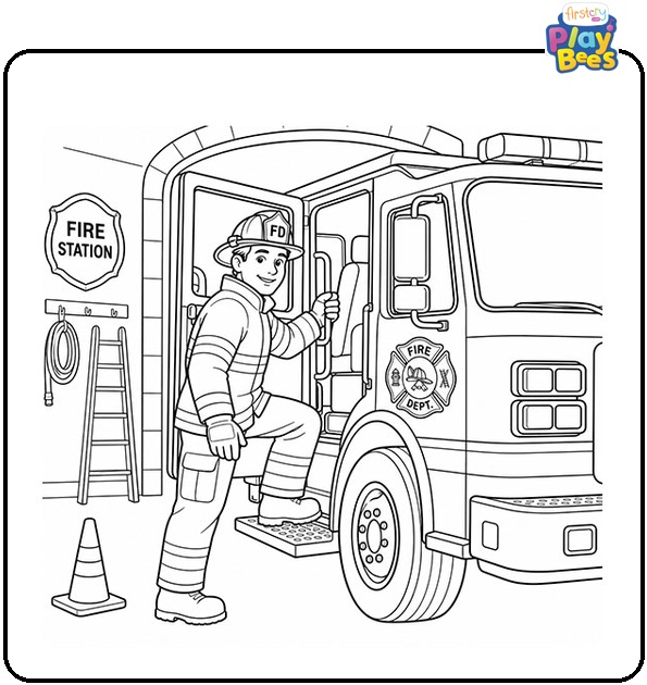Firefighter Entering a Fire Truck Coloring Page Firefighter Entering a Fire Truck Coloring Page