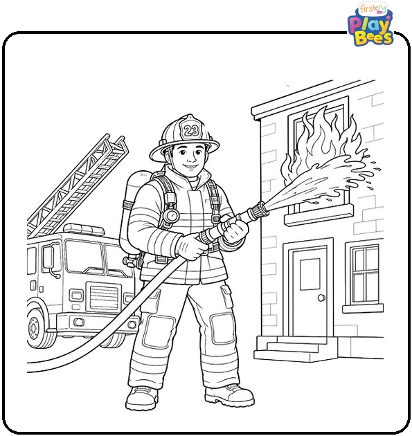Firefighter Fighting a Building Fire Coloring Page Firefighter Fighting a Building Fire Coloring Page