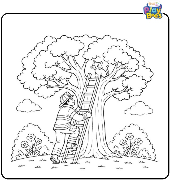 Firefighter Saving a Cat Coloring Page Firefighter Saving a Cat Coloring Page