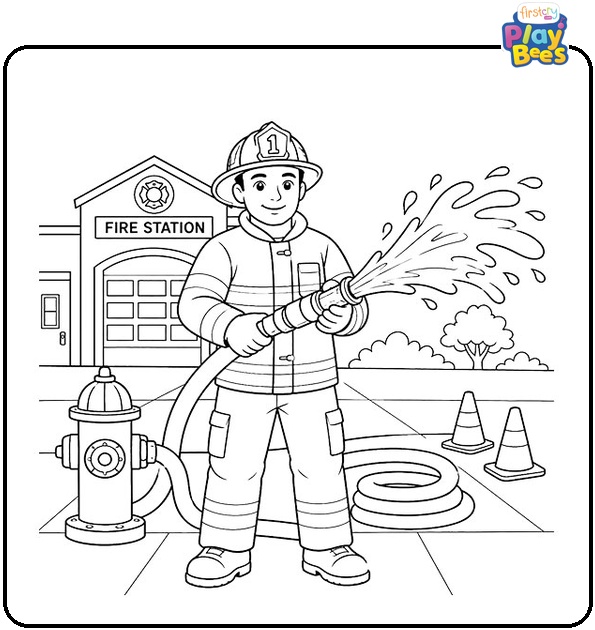 Firefighter Splashing Water Coloring Page Firefighter Splashing Water Coloring Page