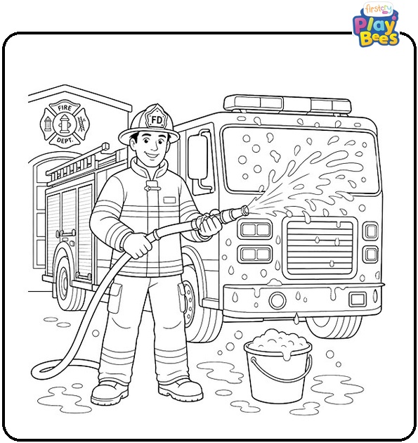 Firefighter Washing a Fire Truck Coloring Page Firefighter Washing a Fire Truck Coloring Page