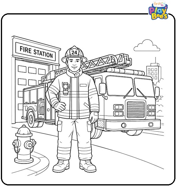 Firefighter by a Fire Truck Coloring Page Firefighter by a Fire Truck Coloring Page