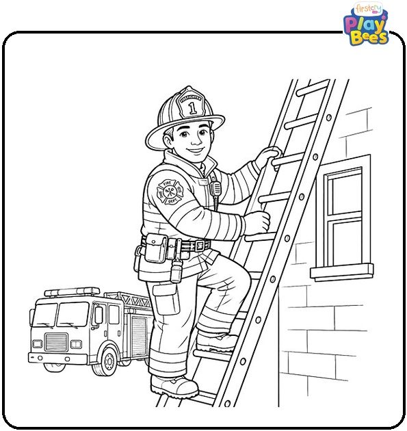 Firefighter on a Ladder Coloring Page Firefighter on a Ladder Coloring Page