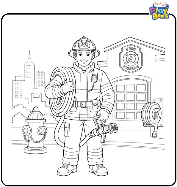 Firefighter with a Hose Coloring Page Firefighter with a Hose Coloring Page