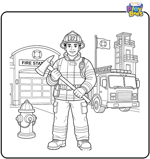 Firefighter with an Axe Coloring Page Firefighter with an Axe Coloring Page