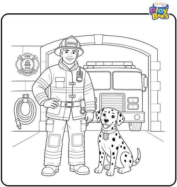 Fireman with a Dalmatian Coloring Page Fireman with a Dalmatian Coloring Page
