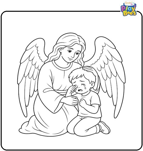 Guardian Angel Comforting a Crying Child Coloring Page Guardian Angel Comforting a Crying Child Coloring Page