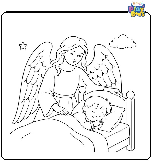 Guardian Angel Watching Over a Sleeping Child Coloring Page Guardian Angel Watching Over a Sleeping Child Coloring Page