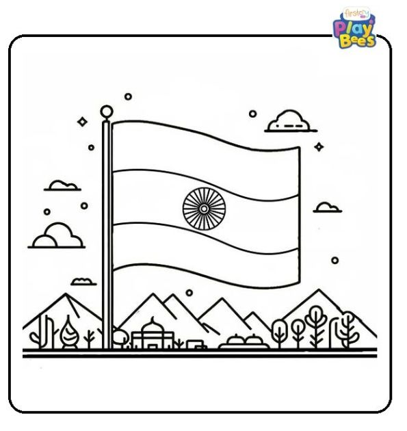 Indian Flag in Scenic Landscape Coloring Page Indian Flag in Scenic Landscape Coloring Page