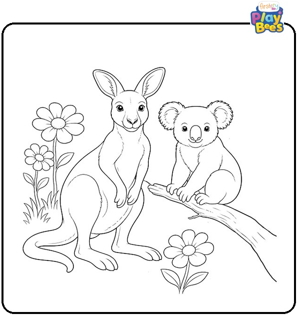 Kangaroo and Koala in a Flower Field Coloring Page Kangaroo and Koala in a Flower Field Coloring Page