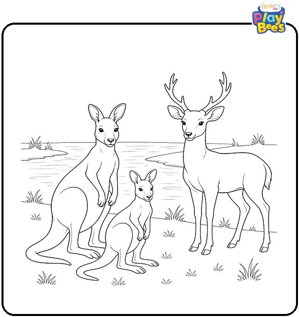 Kangaroos and Deer by the River Coloring Page Kangaroos and Deer by the River Coloring Page