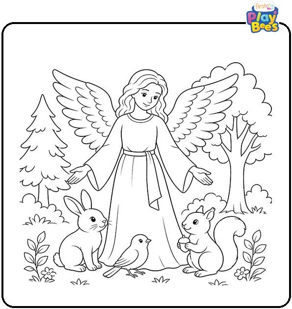 Angel Protecting Woodland Animals Coloring Page Angel Protecting Woodland Animals Coloring Page