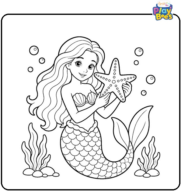 Mermaid Holding Starfish Coloring Page Mermaid Holding Starfish Coloring Page