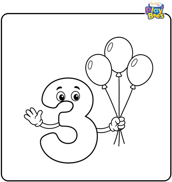 Number 3 Holding Three Balloons Coloring Page