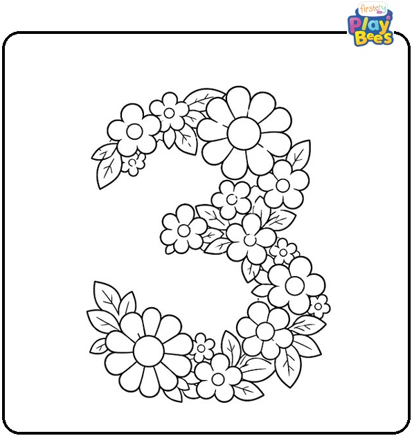 Number 3 Made of Flowers Coloring Page