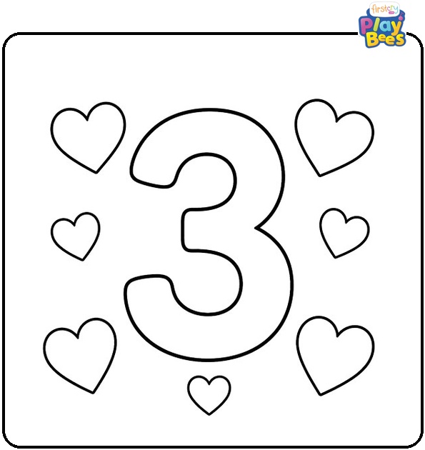 Number 3 with Hearts Coloring Page
