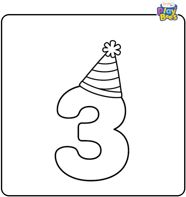 9. Number 3 with a Party Hat Coloring Page