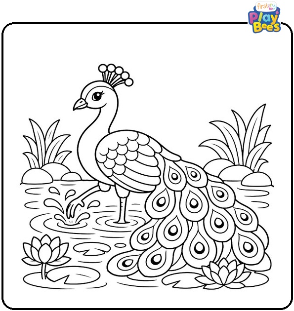 Peacock Playing in Water Coloring Page Peacock Playing in Water Coloring Page