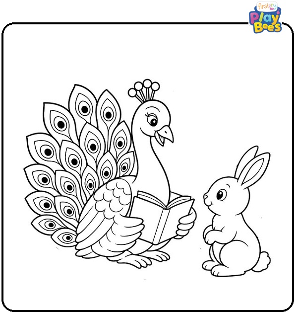 Peacock Reading to Bunny Coloring Page Peacock Reading to Bunny Coloring Page