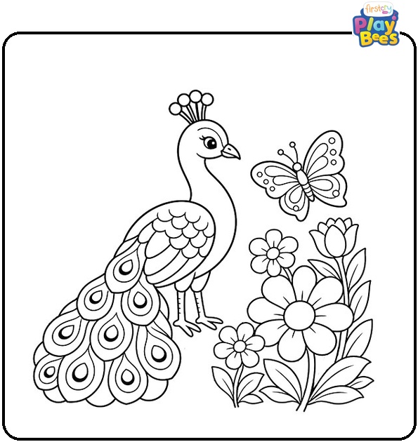 Peacock Watching Butterfly in Garden Coloring Page Peacock Watching Butterfly in Garden Coloring Page