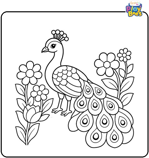 Peacock in Flower Garden Coloring Page Peacock in Flower Garden Coloring Page