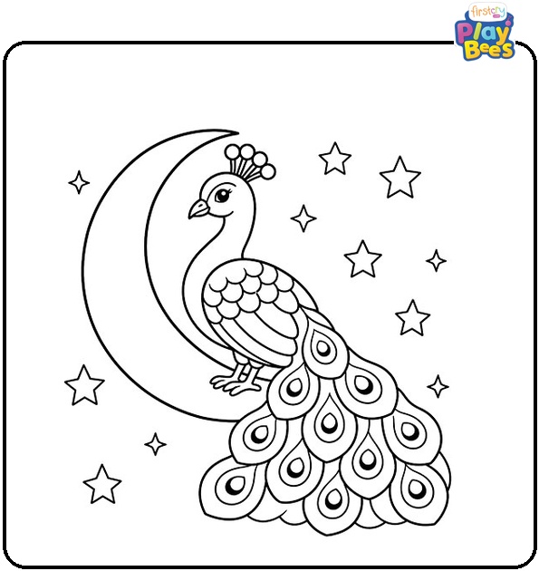 Peacock on Moon with Stars Coloring Page Peacock on Moon with Stars Coloring Page