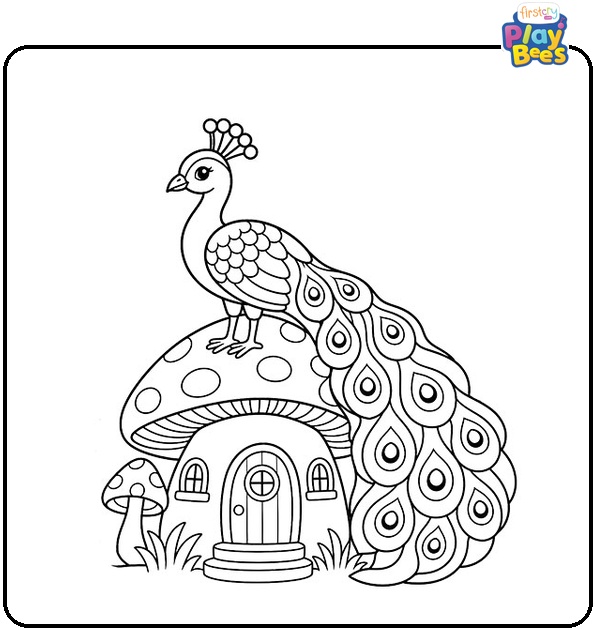 Peacock on Mushroom House Coloring Page Peacock on Mushroom House Coloring Page