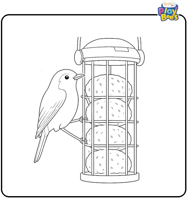 Robin Near Backyard Bird Feeder Coloring Page