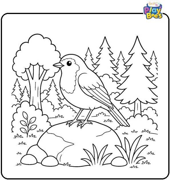 Robin Standing on Rock in Forest Coloring Page