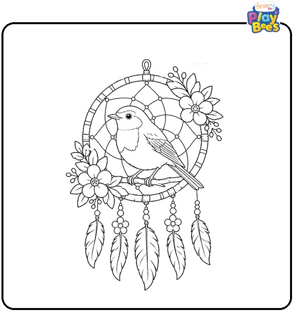 Robin in Floral Dreamcatcher Coloring Page