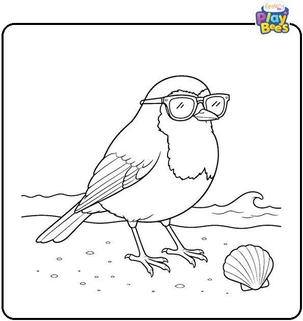 Robin on Beach with Sunglasses Coloring Page