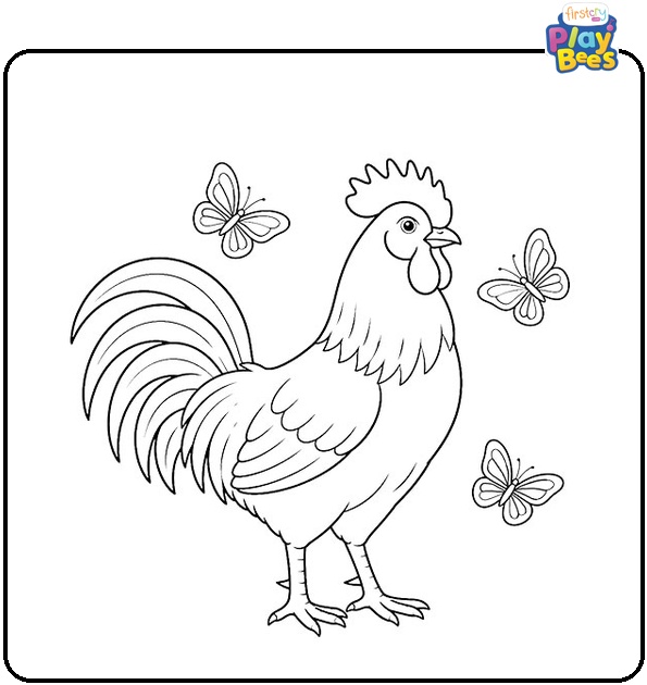 Rooster and Butterflies Coloring Page Rooster and Butterflies Coloring Page