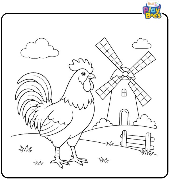 Rooster and Windmill Coloring Page Rooster and Windmill Coloring Page