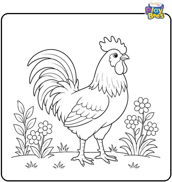 Rooster in Garden Coloring Page Rooster in Garden Coloring Page