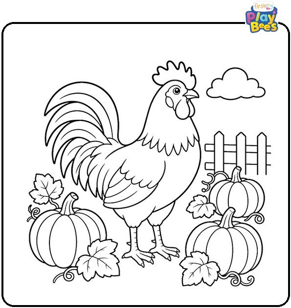 Rooster in Pumpkin Patch Coloring Page Rooster in Pumpkin Patch Coloring Page