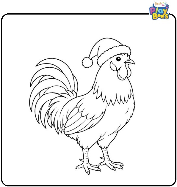 Rooster in Santa Hat Coloring Page Rooster in Santa Hat Coloring Page