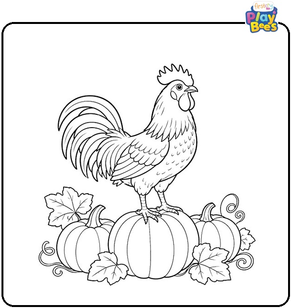 Rooster on Pumpkins Coloring Page Rooster on Pumpkins Coloring Page